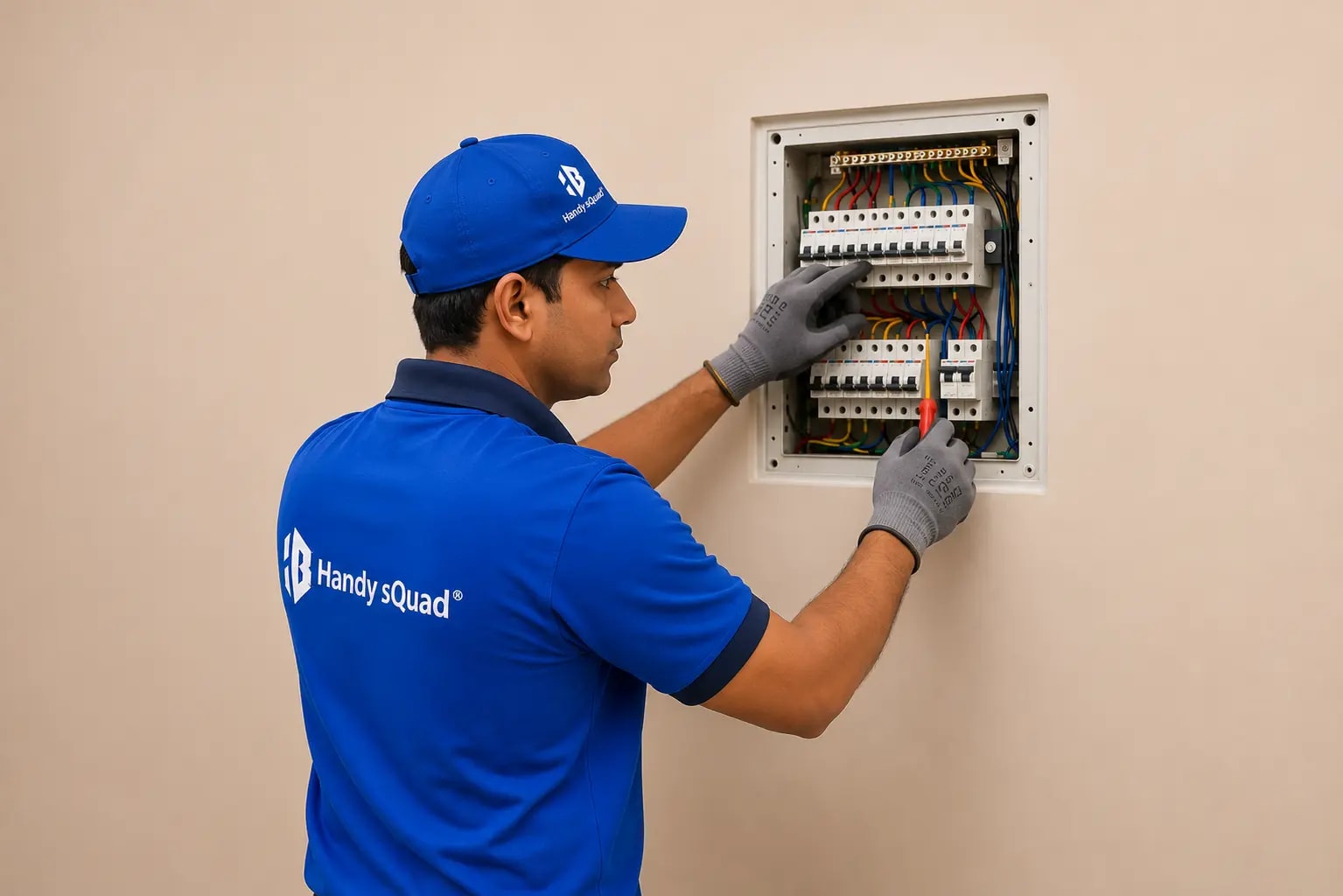 Certified electrician from Handy sQuad repairing a residential electrical panel